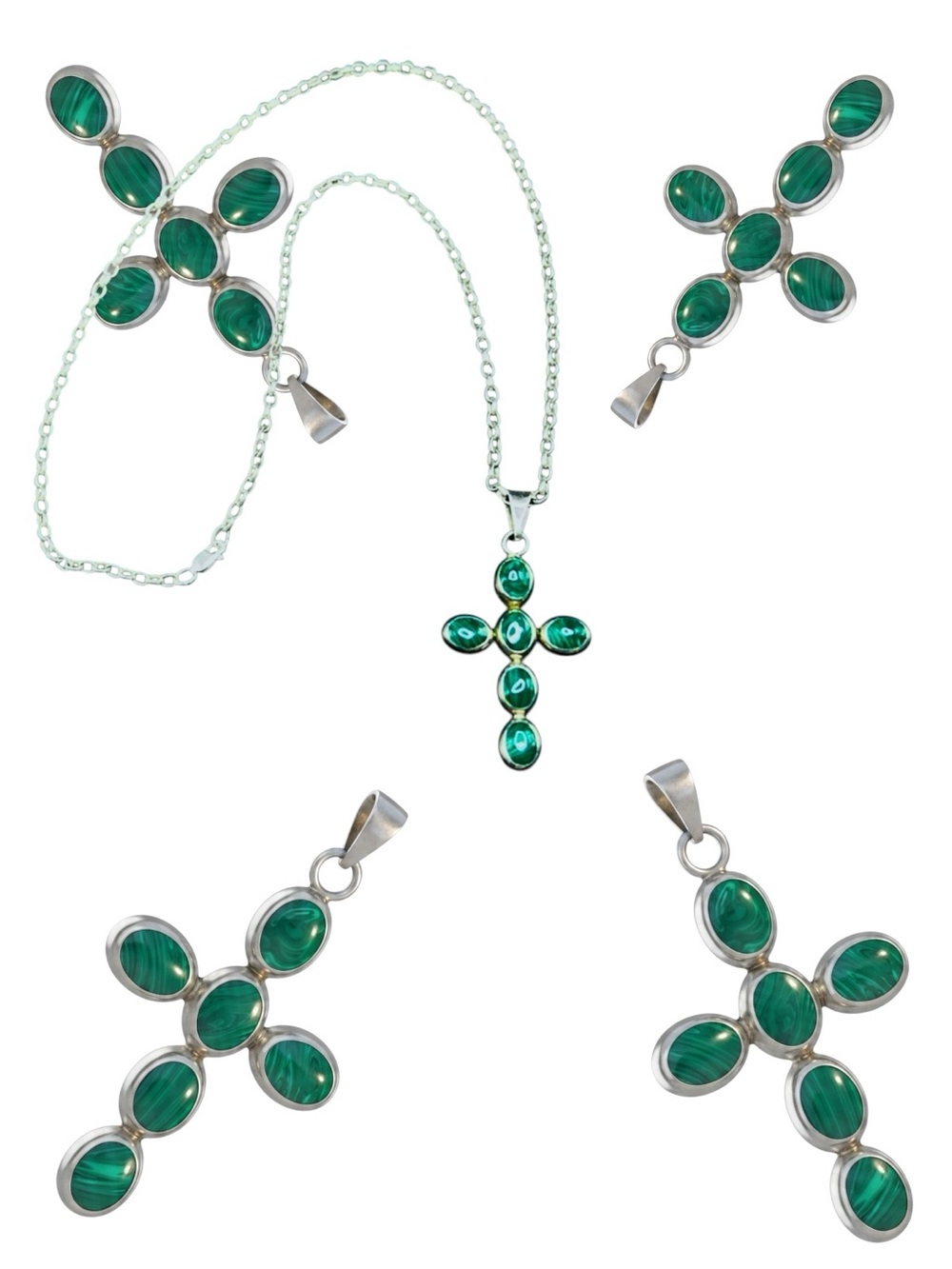 VTG Mexico Sterling Silver 925 Malachite Cross Pendant Necklace New Condition 20